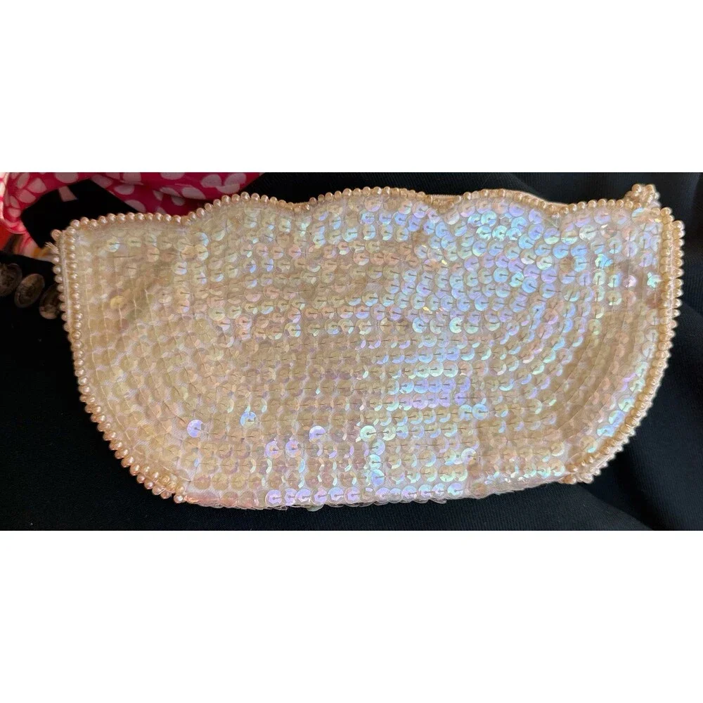 Vintage La Regale Iridescent Sequin Clutch Pearl Beaded Evening Bag Japan